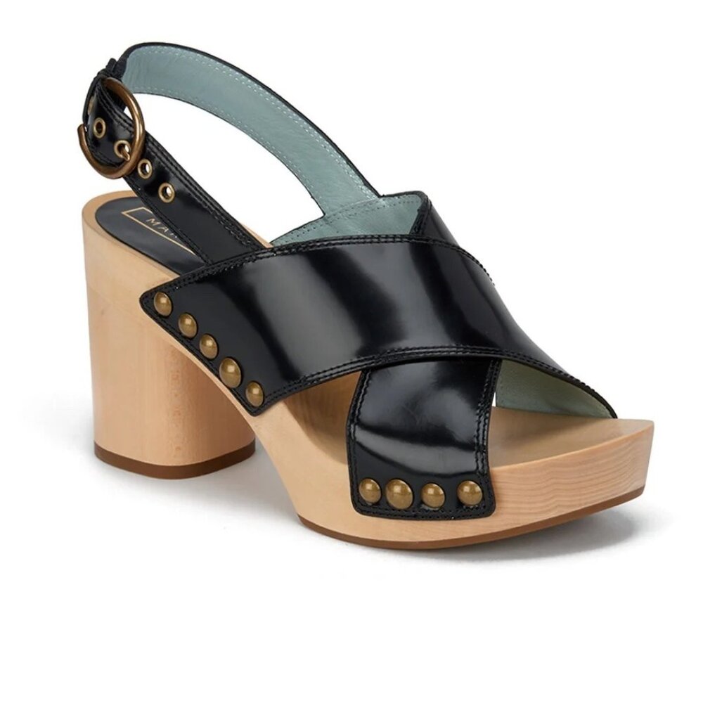 Marc Jacobs Linda Crisscross Sandal Wooden Clogs, Black Spazzolato Leather, 38